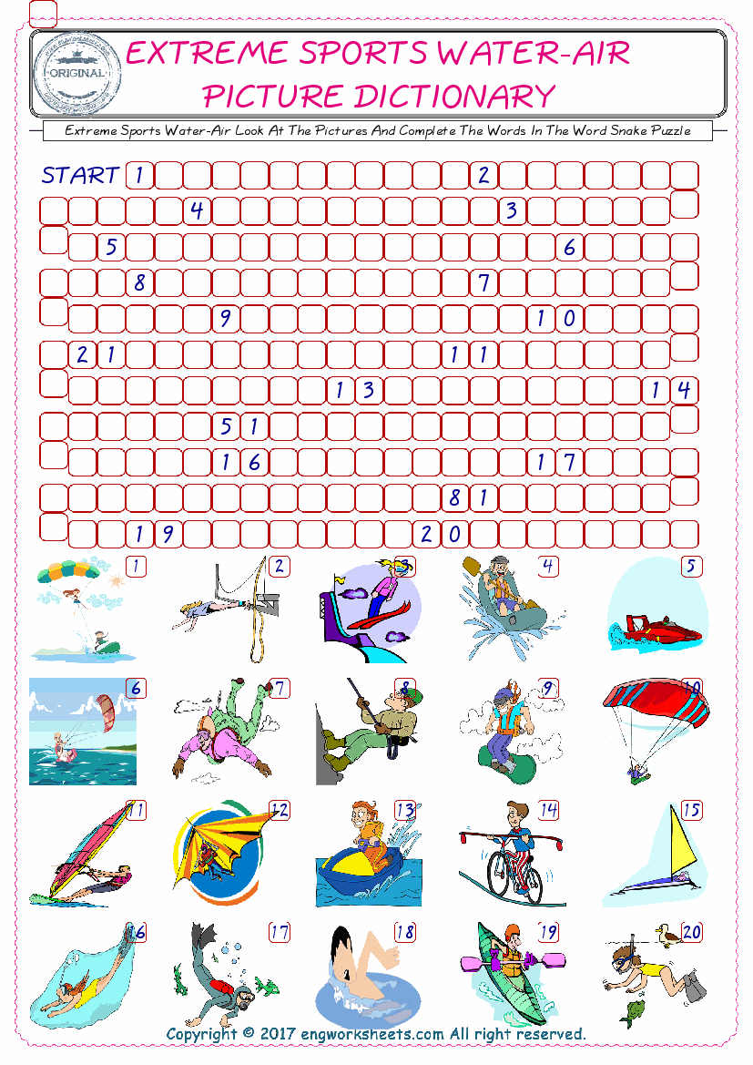  Check the Illustrations of Extreme Sports Water-Air english worksheets for kids, and Supply the Missing Words in the Word Snake Puzzle ESL play. 